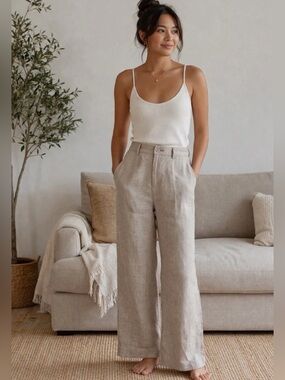 Garnet Hill Modern Flax Linen Trouser Pants Size 8 Wide Leg Sand Lagenlook